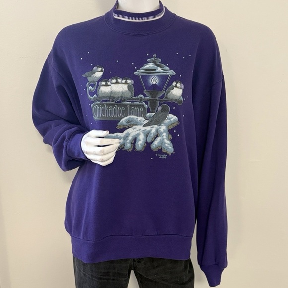 morning sun Tops - Vintage 80s Morning Sun Purple Chickadee Lane Graphic Print Mockneck Sweatshirt